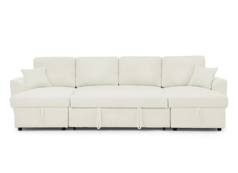 Canapé panoramique convertible avec coffres en tissu bouclette beige ADRYEN