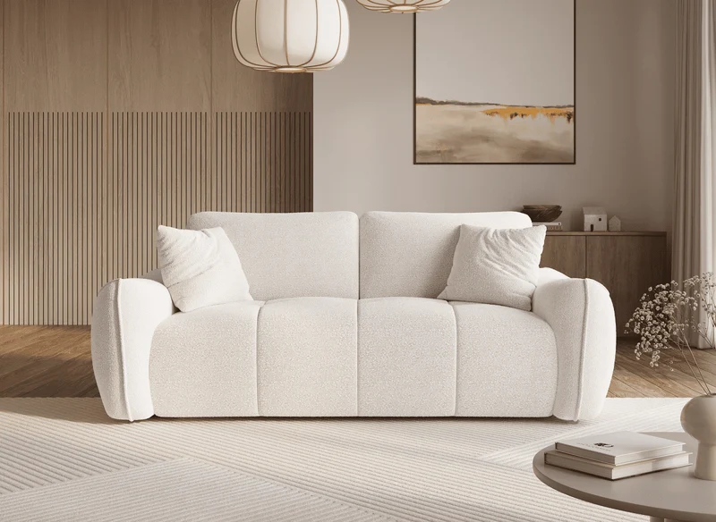 Canapé fixe 3 places en tissu bouclette beige EZRA