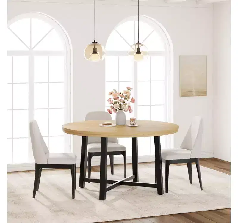 Table à manger ronde de 47'', Table de cuisine ronde industrielle pour 4 à 6 personnes, Meubles de cuisine en bois avec pieds en métal robustes pour petite salle à manger