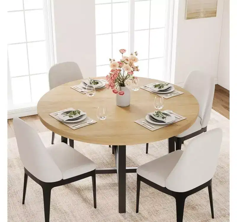 Table à manger ronde de 47'', Table de cuisine ronde industrielle pour 4 à 6 personnes, Meubles de cuisine en bois avec pieds en métal robustes pour petite salle à manger