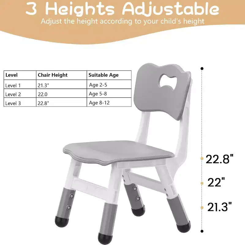 Lot de 2 chaises pour enfants, chaises pour enfants réglables en hauteur, chaises pour tout-petits pour enfants garçons filles de 2 à 6 ans, pour la maison, la famille, la salle de classe, la crèche gris