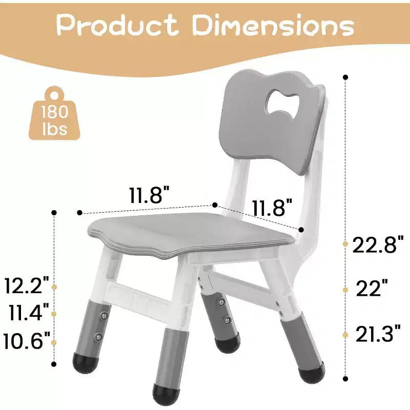Lot de 2 chaises pour enfants, chaises pour enfants réglables en hauteur, chaises pour tout-petits pour enfants garçons filles de 2 à 6 ans, pour la maison, la famille, la salle de classe, la crèche gris