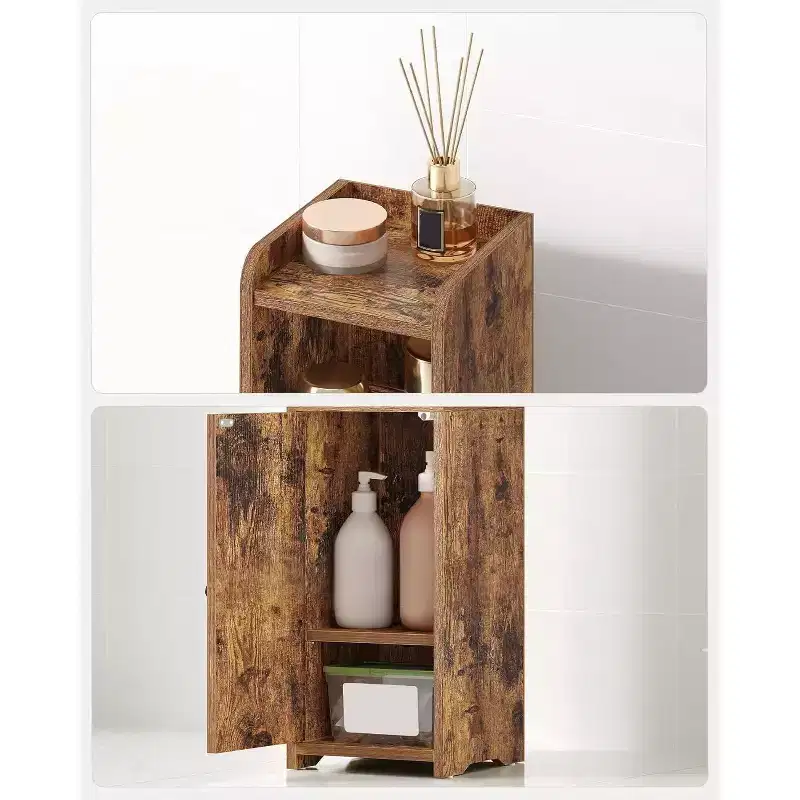 Meuble de rangement pour salle de bain, meuble d'angle avec portes et étagère réglable, meuble étroit pour papier toilette