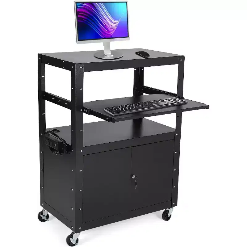 Chariot audiovisuel avec armoire verrouillable, réglable en hauteur (61-107 cm), tapis antidérapant, capacité de 45 kg