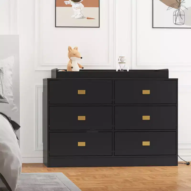 Commode de chambre d'enfant avec plan à langer, commode bébé à 6 tiroirs avec kit anti-basculement, plateau étanche et barrières de sécurité, organisateur de rangement en MDF non toxique