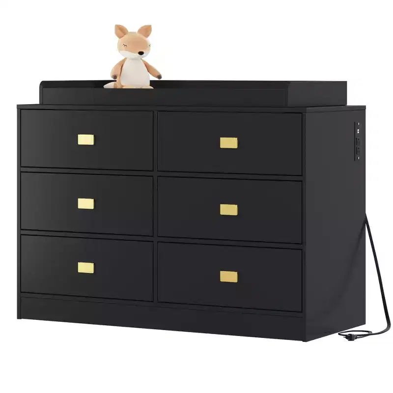 Commode de chambre d'enfant avec plan à langer, commode bébé à 6 tiroirs avec kit anti-basculement, plateau étanche et barrières de sécurité, organisateur de rangement en MDF non toxique