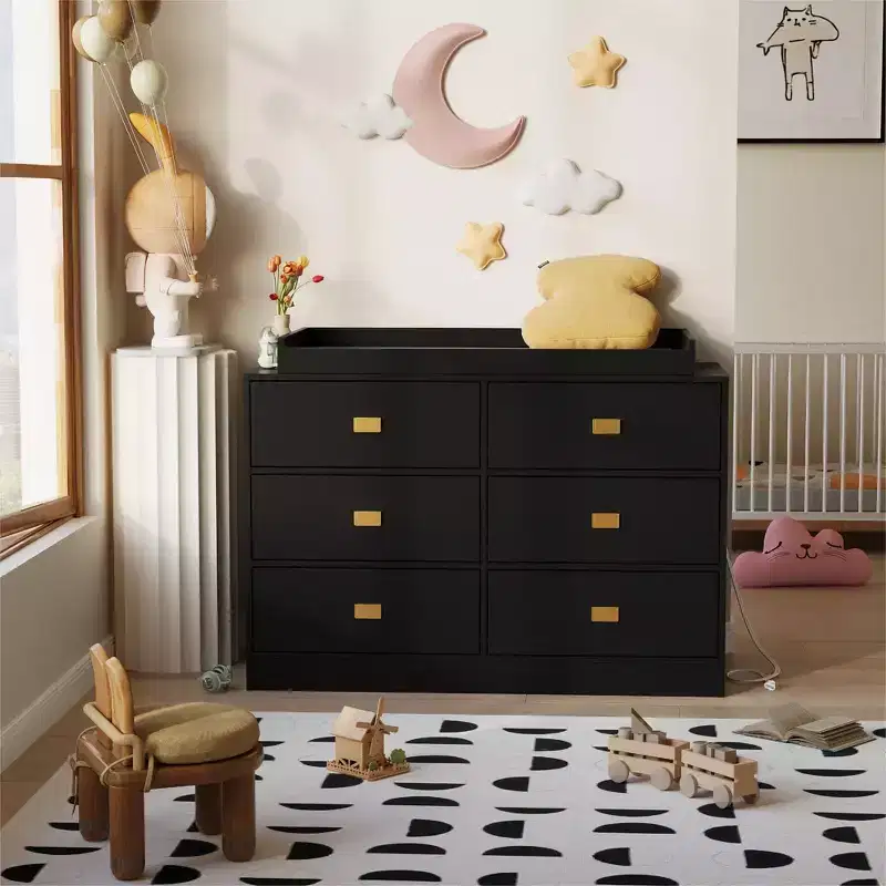 Commode de chambre d'enfant avec plan à langer, commode bébé à 6 tiroirs avec kit anti-basculement, plateau étanche et barrières de sécurité, organisateur de rangement en MDF non toxique