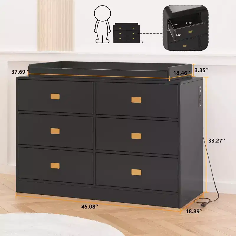 Commode de chambre d'enfant avec plan à langer, commode bébé à 6 tiroirs avec kit anti-basculement, plateau étanche et barrières de sécurité, organisateur de rangement en MDF non toxique