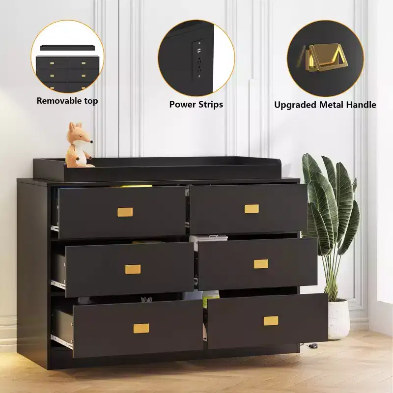 Commode de chambre d'enfant avec plan à langer, commode bébé à 6 tiroirs avec kit anti-basculement, plateau étanche et barrières de sécurité, organisateur de rangement en MDF non toxique