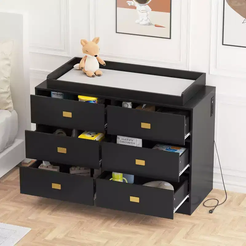 Commode de chambre d'enfant avec plan à langer, commode bébé à 6 tiroirs avec kit anti-basculement, plateau étanche et barrières de sécurité, organisateur de rangement en MDF non toxique