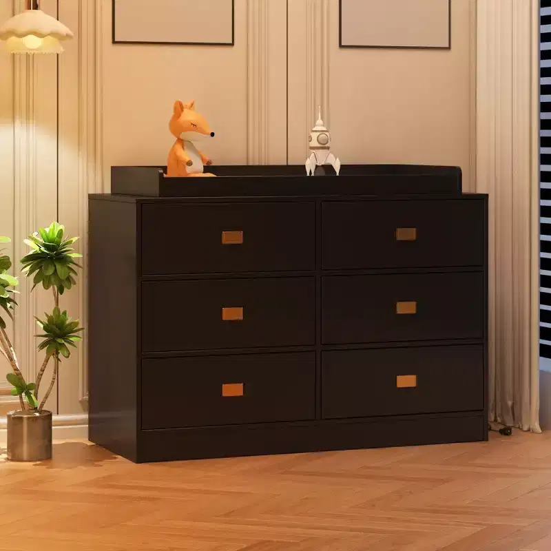 Commode de chambre d'enfant avec plan à langer, commode bébé à 6 tiroirs avec kit anti-basculement, plateau étanche et barrières de sécurité, organisateur de rangement en MDF non toxique