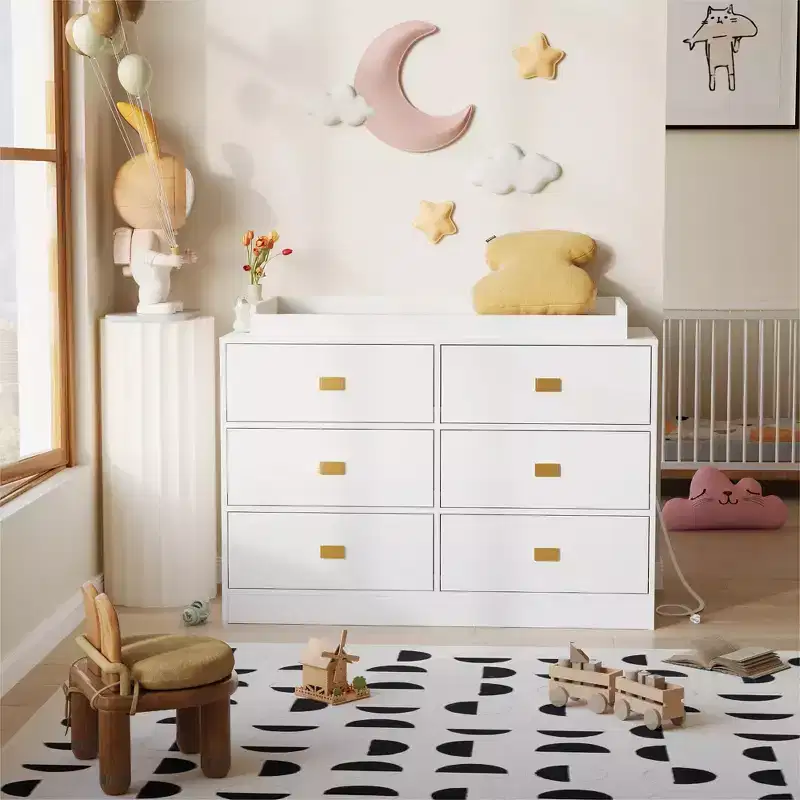 Commode de chambre d'enfant avec plan à langer, commode bébé à 6 tiroirs avec kit anti-basculement, plateau étanche et barrières de sécurité, organisateur de rangement en MDF non toxique
