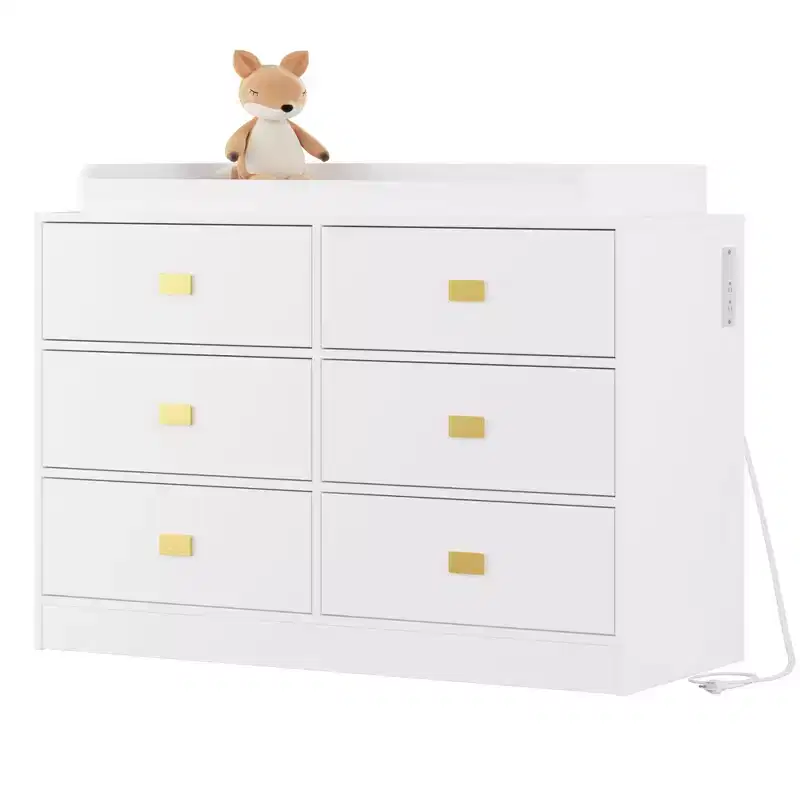 Commode de chambre d'enfant avec plan à langer, commode bébé à 6 tiroirs avec kit anti-basculement, plateau étanche et barrières de sécurité, organisateur de rangement en MDF non toxique