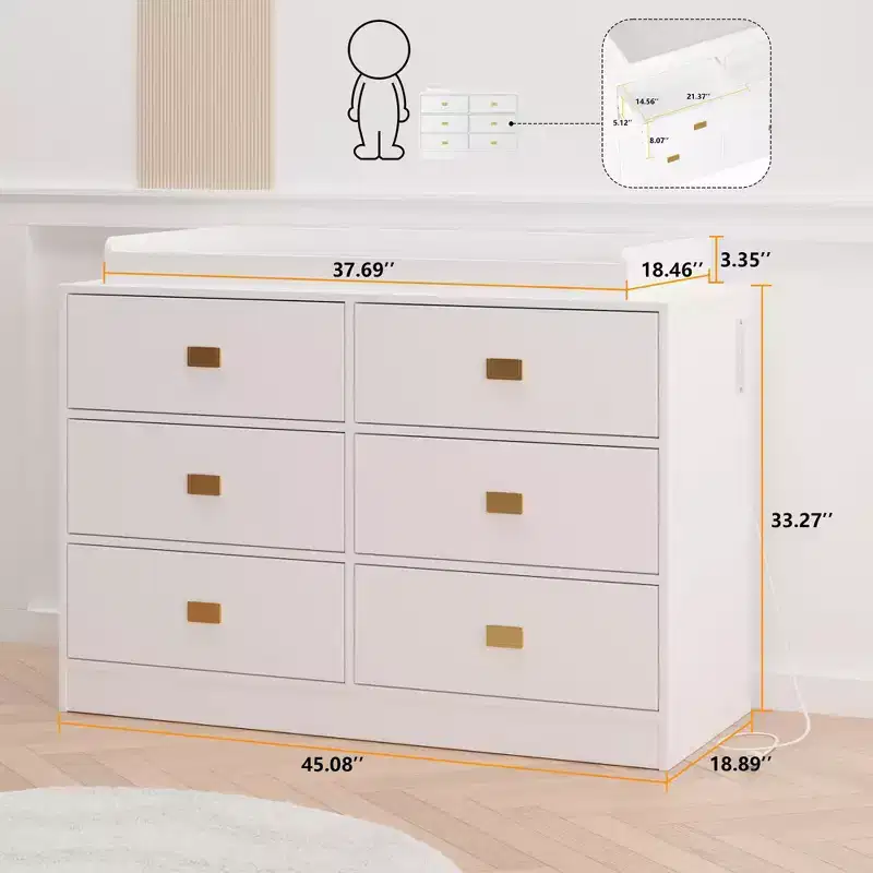 Commode de chambre d'enfant avec plan à langer, commode bébé à 6 tiroirs avec kit anti-basculement, plateau étanche et barrières de sécurité, organisateur de rangement en MDF non toxique