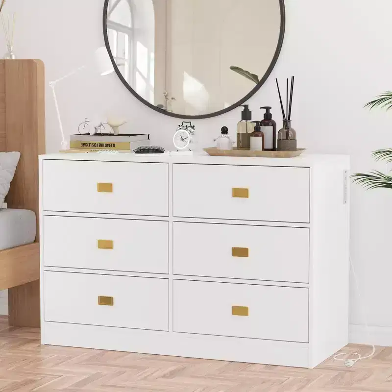 Commode de chambre d'enfant avec plan à langer, commode bébé à 6 tiroirs avec kit anti-basculement, plateau étanche et barrières de sécurité, organisateur de rangement en MDF non toxique