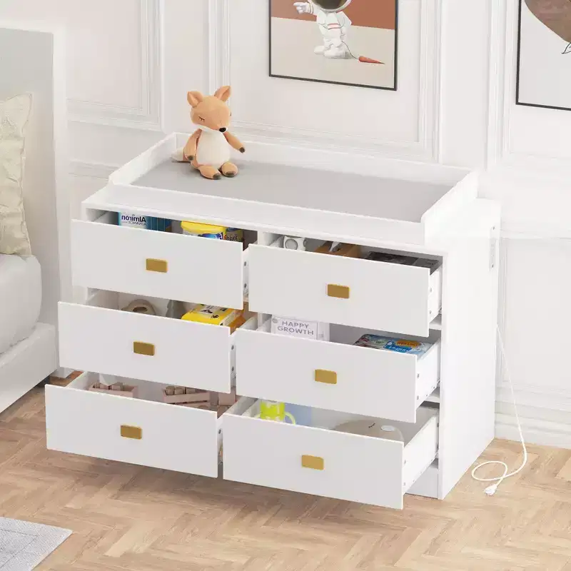 Commode de chambre d'enfant avec plan à langer, commode bébé à 6 tiroirs avec kit anti-basculement, plateau étanche et barrières de sécurité, organisateur de rangement en MDF non toxique