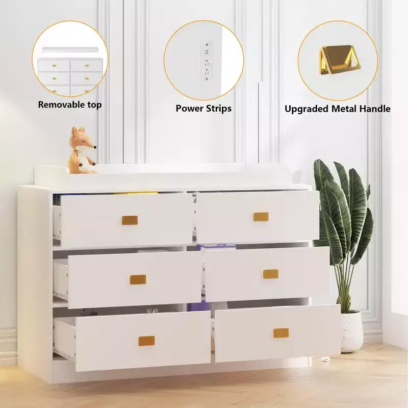 Commode de chambre d'enfant avec plan à langer, commode bébé à 6 tiroirs avec kit anti-basculement, plateau étanche et barrières de sécurité, organisateur de rangement en MDF non toxique