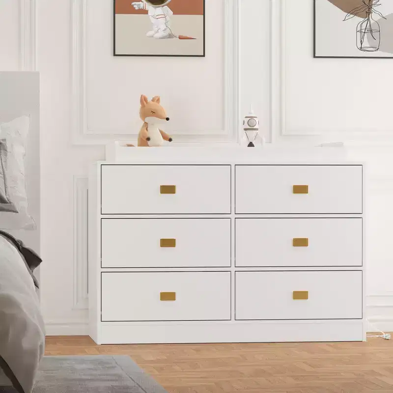 Commode de chambre d'enfant avec plan à langer, commode bébé à 6 tiroirs avec kit anti-basculement, plateau étanche et barrières de sécurité, organisateur de rangement en MDF non toxique