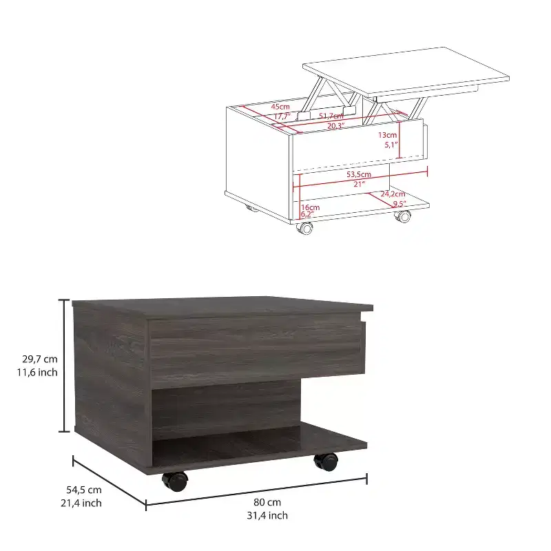 Table basse Luanda relevable, roulettes, une étagère - Espresso