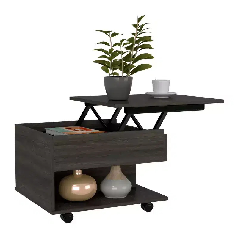 Table basse Luanda relevable, roulettes, une étagère - Espresso