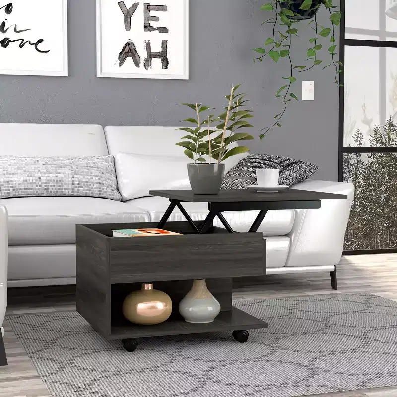Table basse Luanda relevable, roulettes, une étagère - Espresso