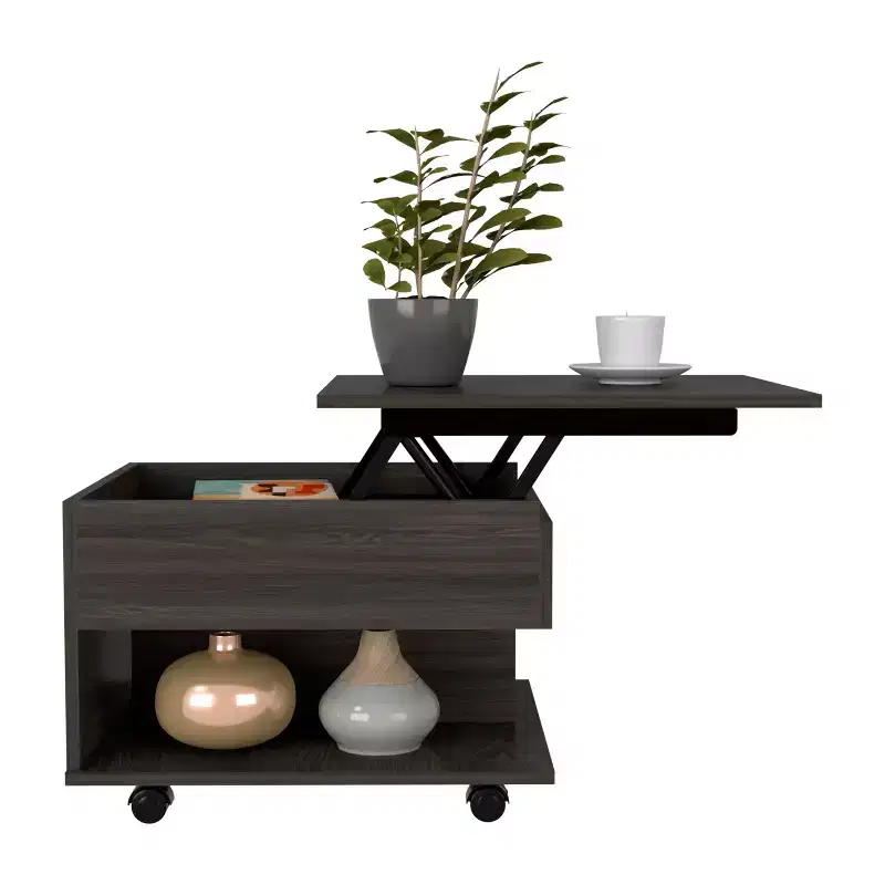 Table basse Luanda relevable, roulettes, une étagère - Espresso