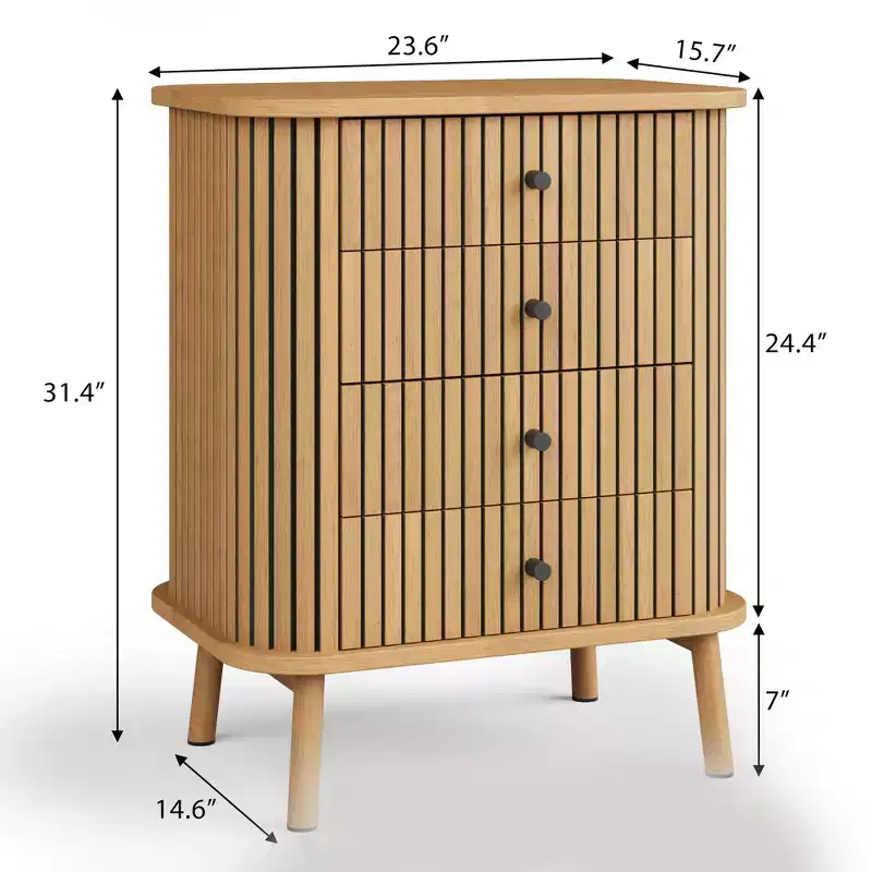 Commode à 4 tiroirs, Commode de chambre, Table de chevet, Rangement spacieux Commode bohème en osier avec poignées noir mat et pieds en bois