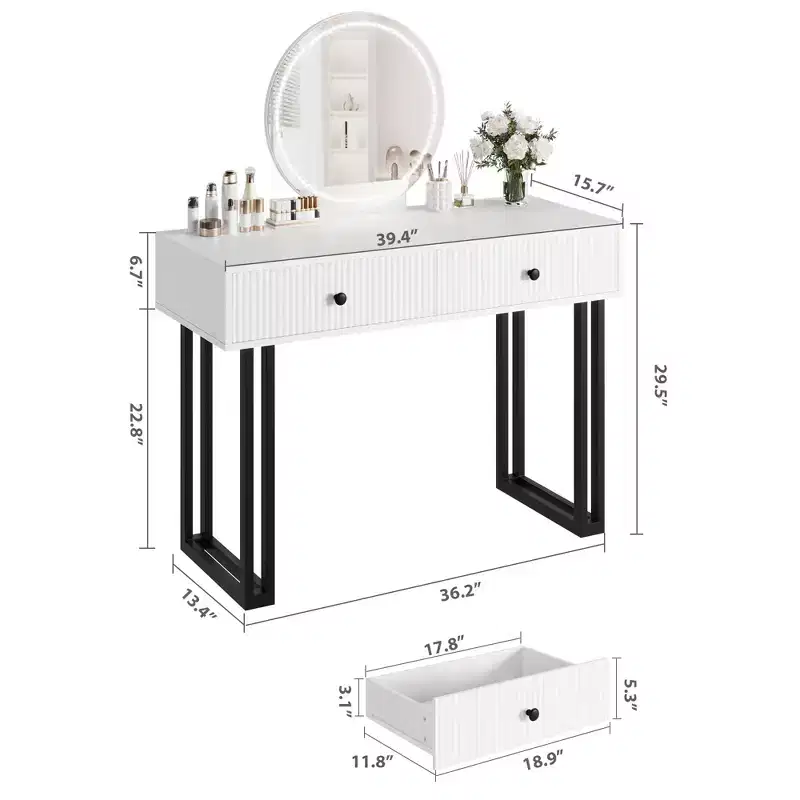 Coiffeuse avec miroir et lumières - 3 couleurs de lumières LED, grand espace de rangement, design moderne, matériaux de qualité et construction solide