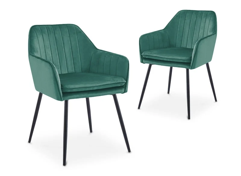 Lot de 2 chaises avec accoudoirs en velours vert pieds noirs EDWIGE