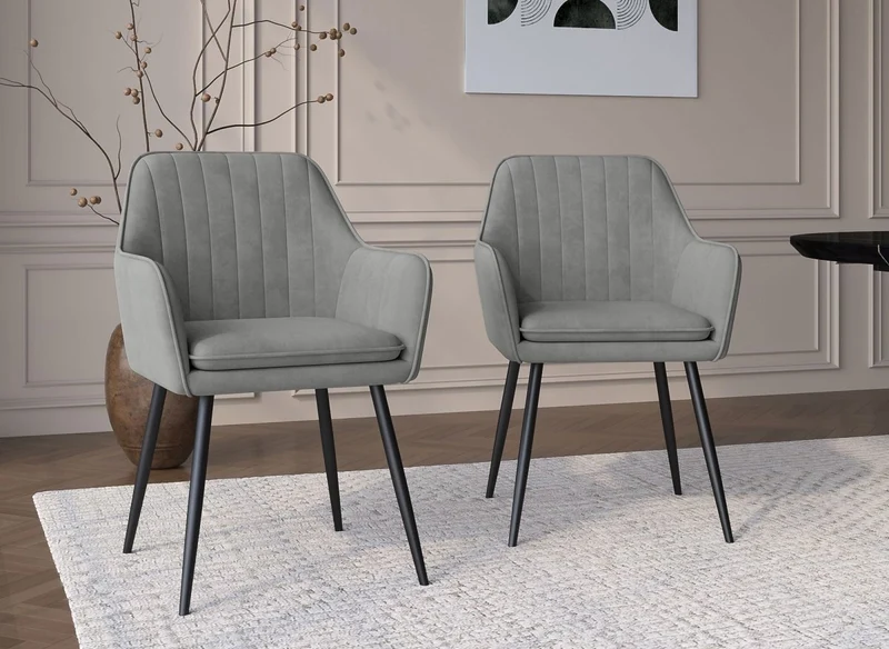 Lot de 2 chaises avec accoudoirs en velours gris pieds noirs EDWIGE