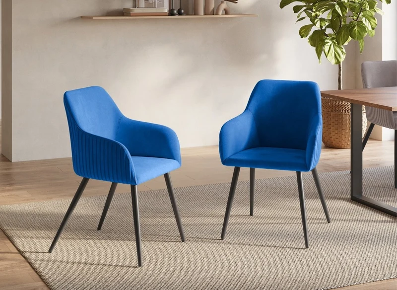 Lot de 2 chaises en velours bleu pieds en métal noir DEVOR