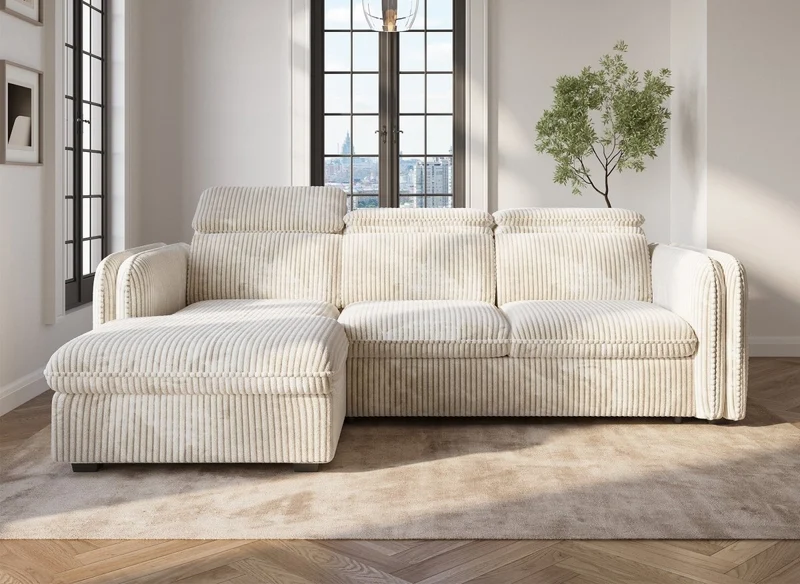 Canapé d'angle convertible en velours côtelé épais beige ISABELLA - Angle gauche