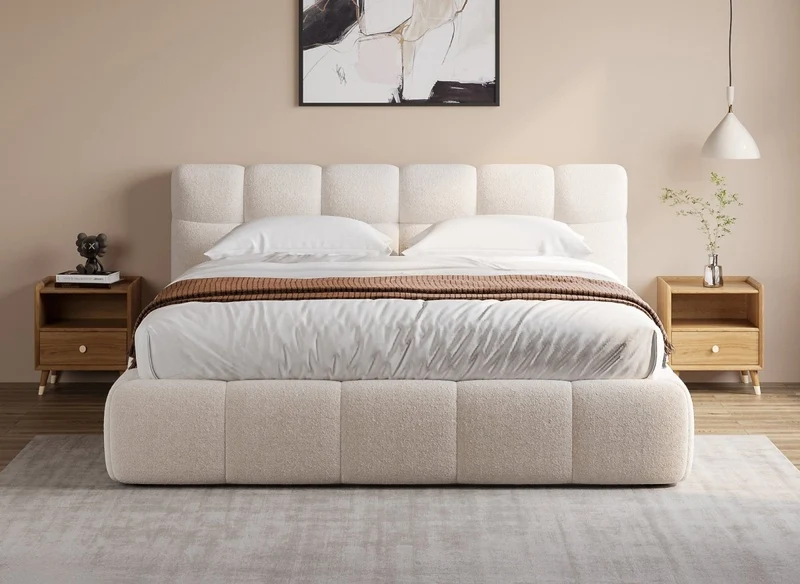 Lit coffre en tissu bouclette écru 140x190 cm GEORGINA