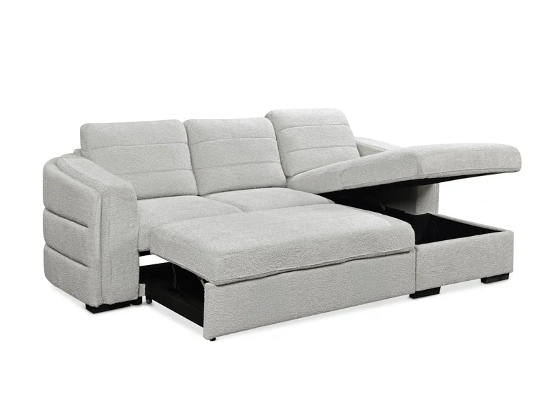 Canapé d'angle convertible avec coffre en tissu bouclette gris clair CALANDRA - Angle droit