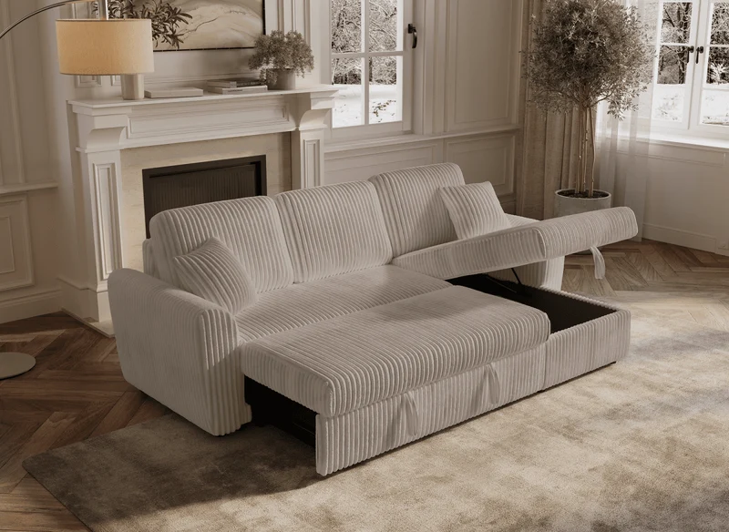 Canapé d'angle convertible et réversible avec coffre en velours côtelé épais taupe ADRYEN
