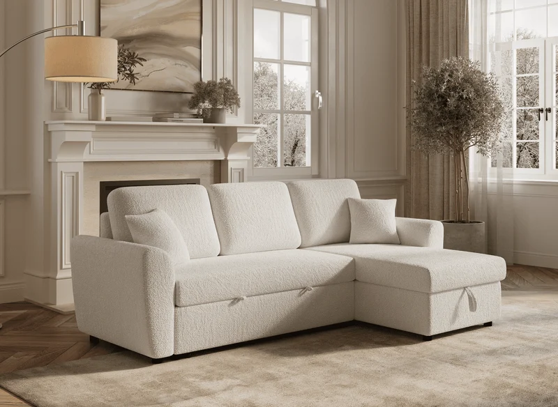 Canapé d'angle convertible et réversible avec coffre en tissu bouclette beige ADRYEN