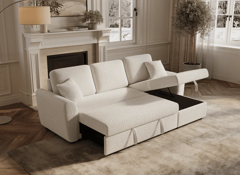 Canapé d'angle convertible et réversible avec coffre en tissu bouclette beige ADRYEN