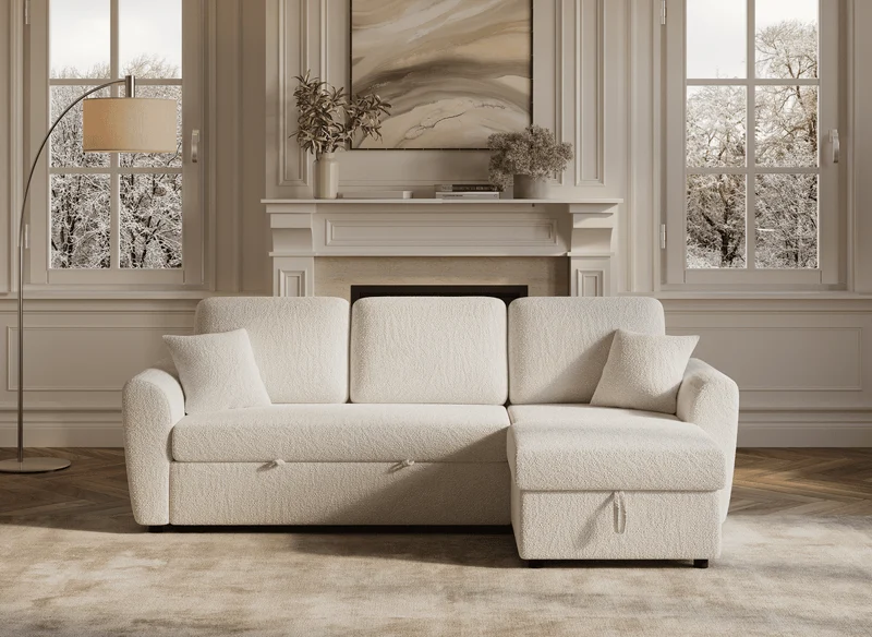 Canapé d'angle convertible et réversible avec coffre en tissu bouclette beige ADRYEN