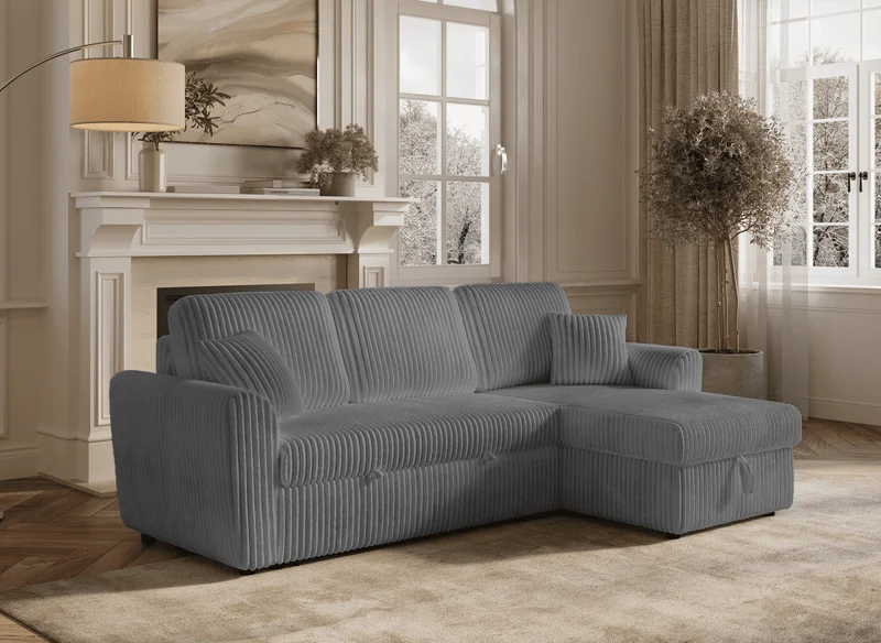 Canapé d'angle convertible et réversible avec coffre en velours côtelé épais gris ADRYEN