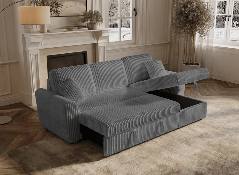 Canapé d'angle convertible et réversible avec coffre en velours côtelé épais gris ADRYEN