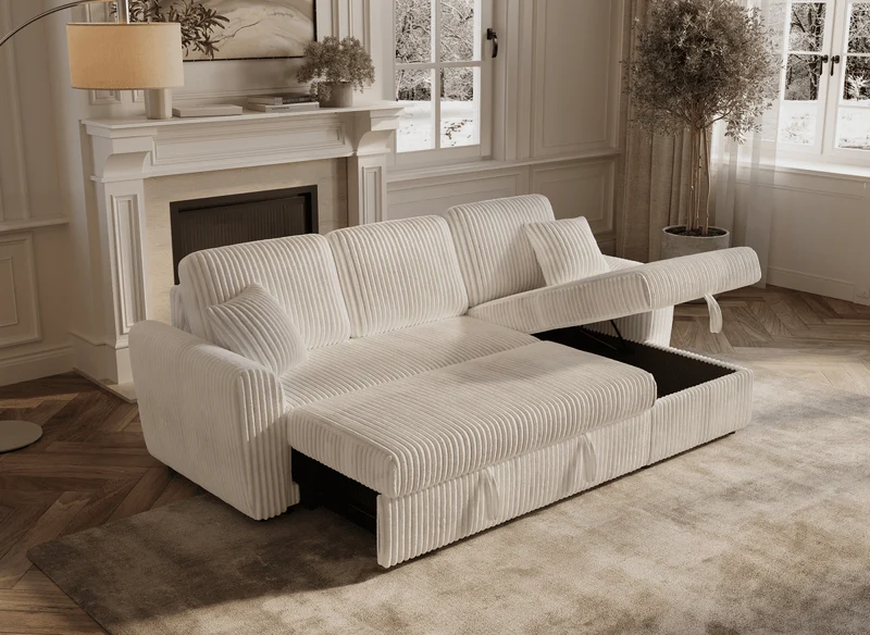 Canapé d'angle convertible et réversible avec coffre en velours côtelé épais beige ADRYEN