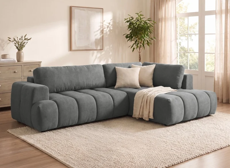 Canapé d'angle convertible avec coffre en tissu gris HAVEN - Angle droit