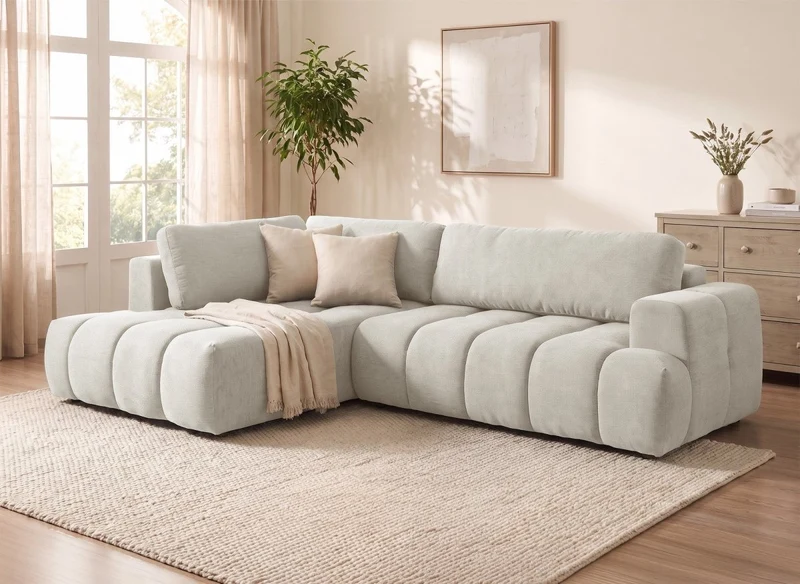 Canapé d'angle convertible avec coffre en tissu beige HAVEN - Angle gauche