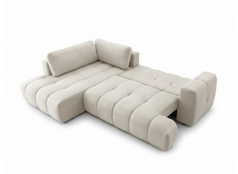 Canapé d'angle convertible avec coffre en tissu beige HAVEN - Angle gauche