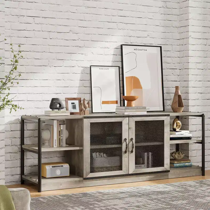 Meuble TV industriel style ferme avec 2 portes grillagées, centre de divertissement pour TV de 73 à 80 pouces, meuble console média robuste avec étagères réglables, armoire de rangement