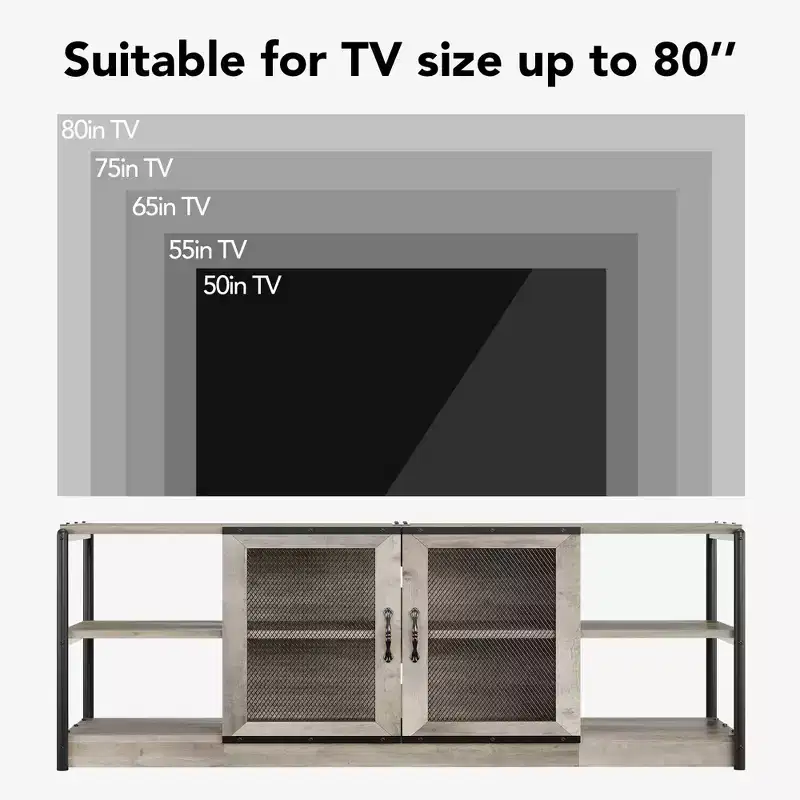 Meuble TV industriel style ferme avec 2 portes grillagées, centre de divertissement pour TV de 73 à 80 pouces, meuble console média robuste avec étagères réglables, armoire de rangement