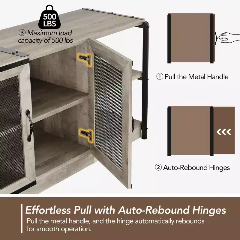 Meuble TV industriel style ferme avec 2 portes grillagées, centre de divertissement pour TV de 73 à 80 pouces, meuble console média robuste avec étagères réglables, armoire de rangement