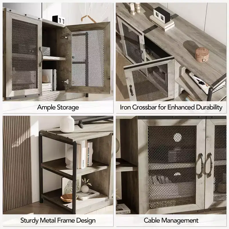 Meuble TV industriel style ferme avec 2 portes grillagées, centre de divertissement pour TV de 73 à 80 pouces, meuble console média robuste avec étagères réglables, armoire de rangement