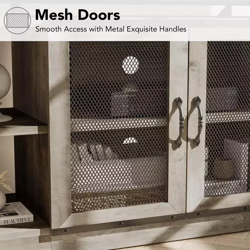 Meuble TV industriel style ferme avec 2 portes grillagées, centre de divertissement pour TV de 73 à 80 pouces, meuble console média robuste avec étagères réglables, armoire de rangement