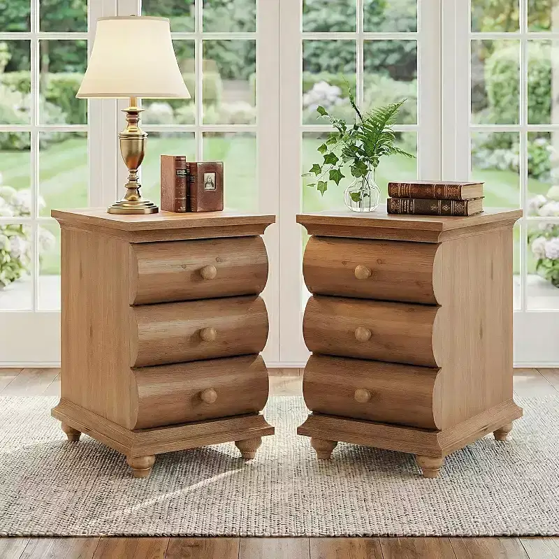 Table d'appoint en bois massif, 3 tiroirs étroite pour canapé avec dos fini pour salon, petits espaces, marron